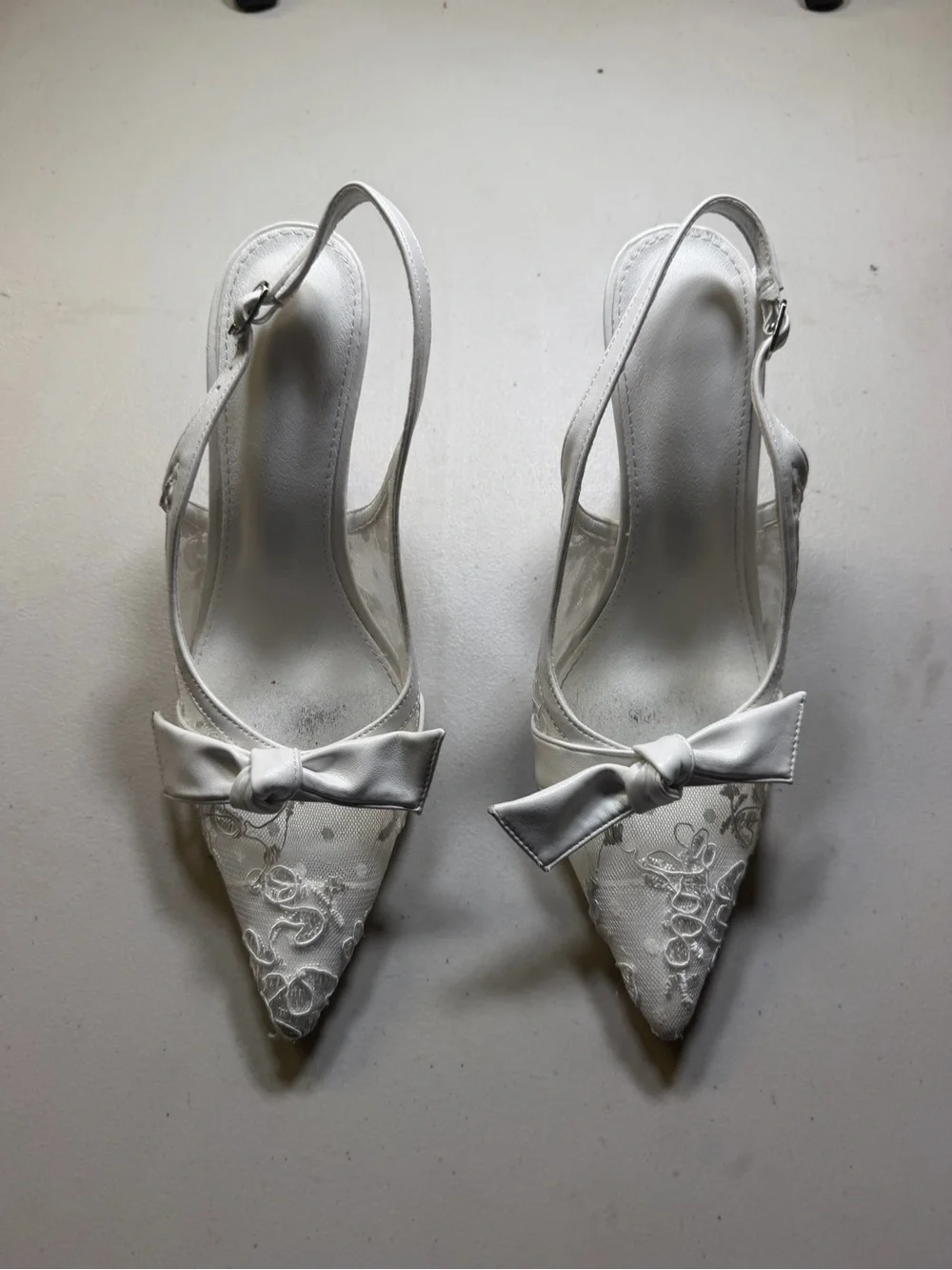 White Lace Slingback Heel with Bow Detail